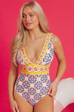 image-Yellow Floral Print V Neck One Piece Swimsuit
