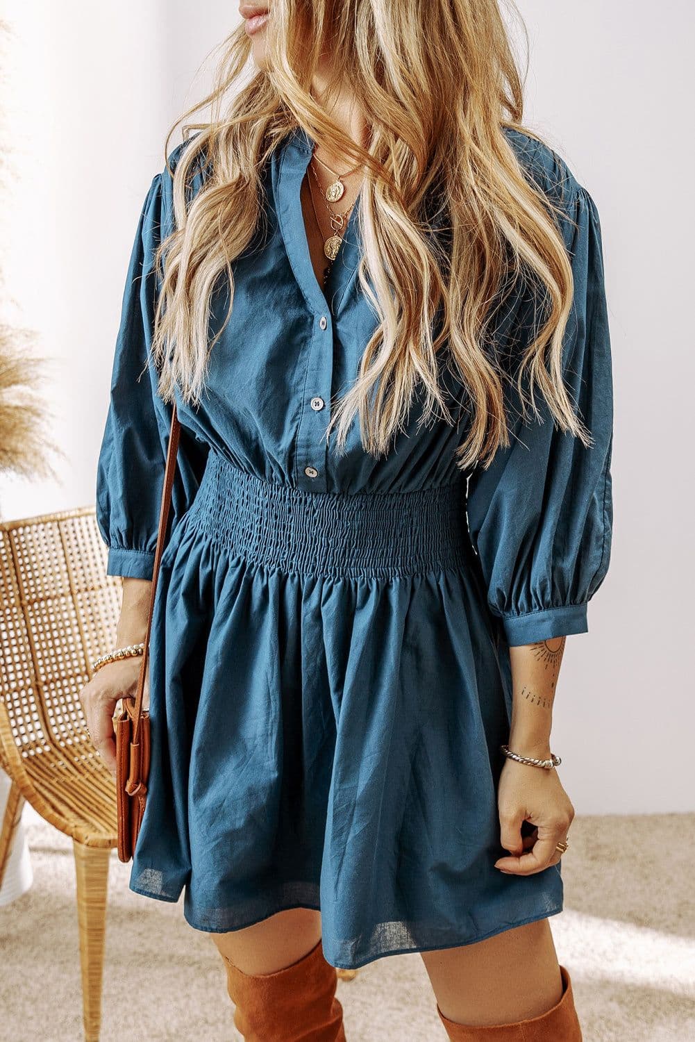 image-Prussian Blue Shirred High Waist Mini Dress - 3/4 Sleeves
