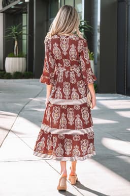 image-Brown Floral Maxi Dress - Belted Tiered Striped Trim