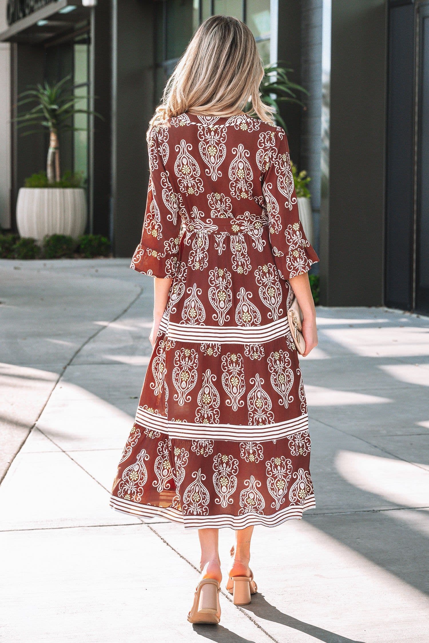 image-Brown Floral Maxi Dress - Belted Tiered Striped Trim
