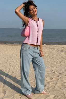 image-Pink Contrast Trim Buttoned Sweater Vest
