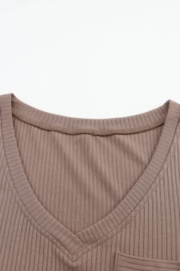image-Khaki Ribbed Knit V Neck Top Chest Pocket
