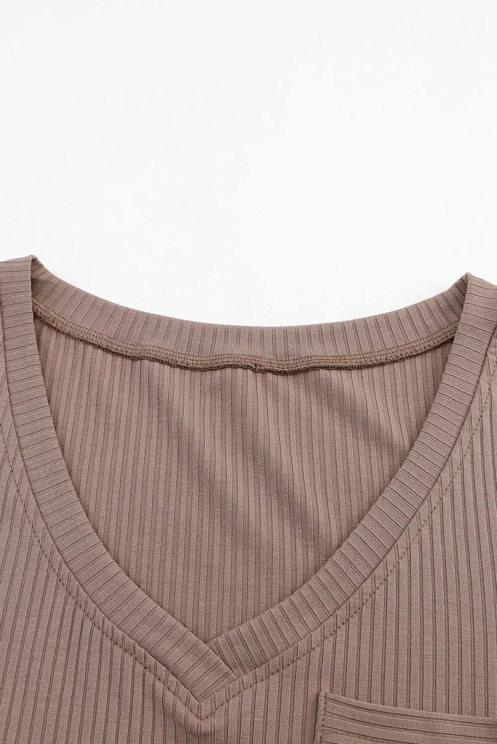 image-Khaki Ribbed Knit V Neck Top Chest Pocket