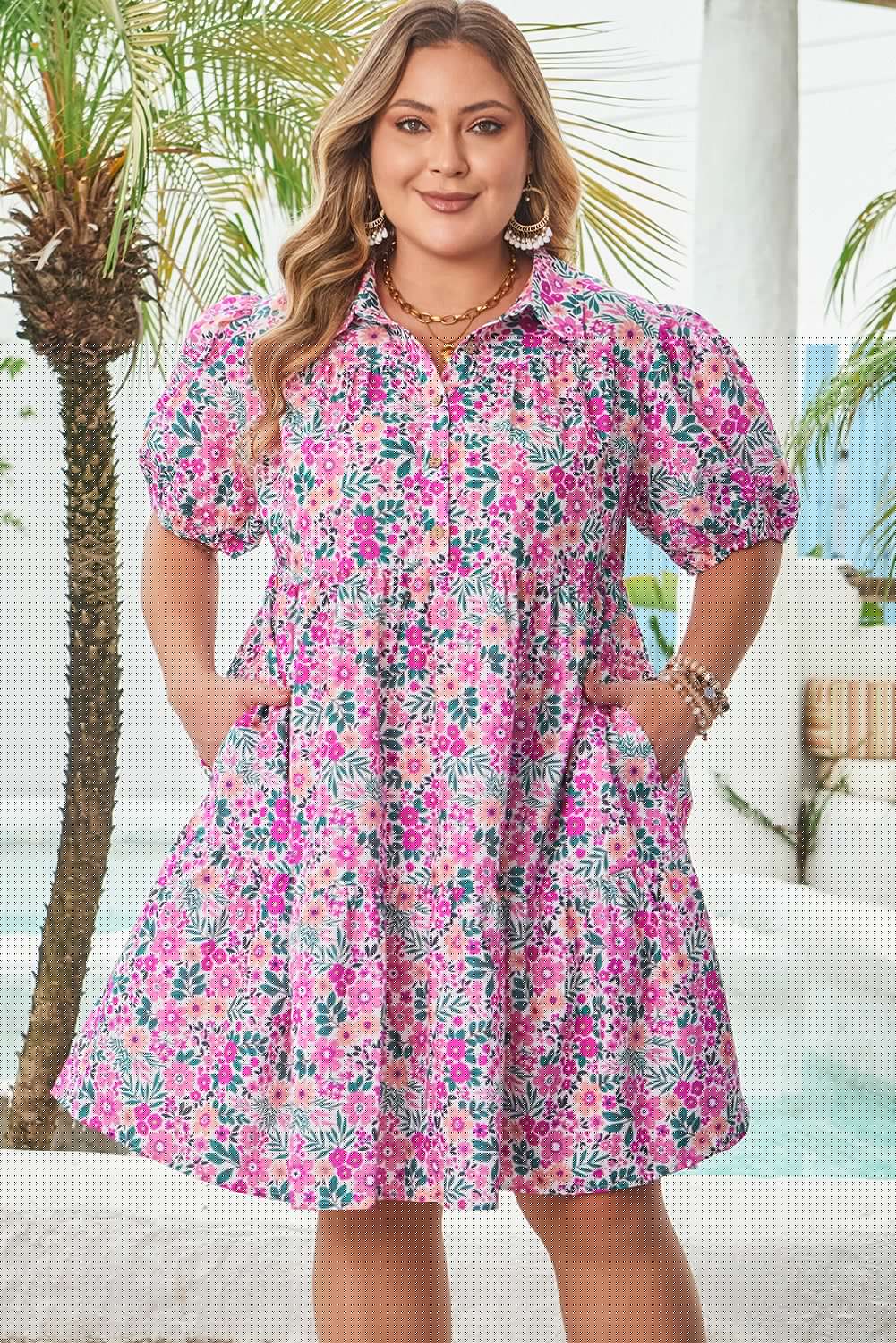 image-Pink Plus Size Floral Puff Sleeve A-Line Dress