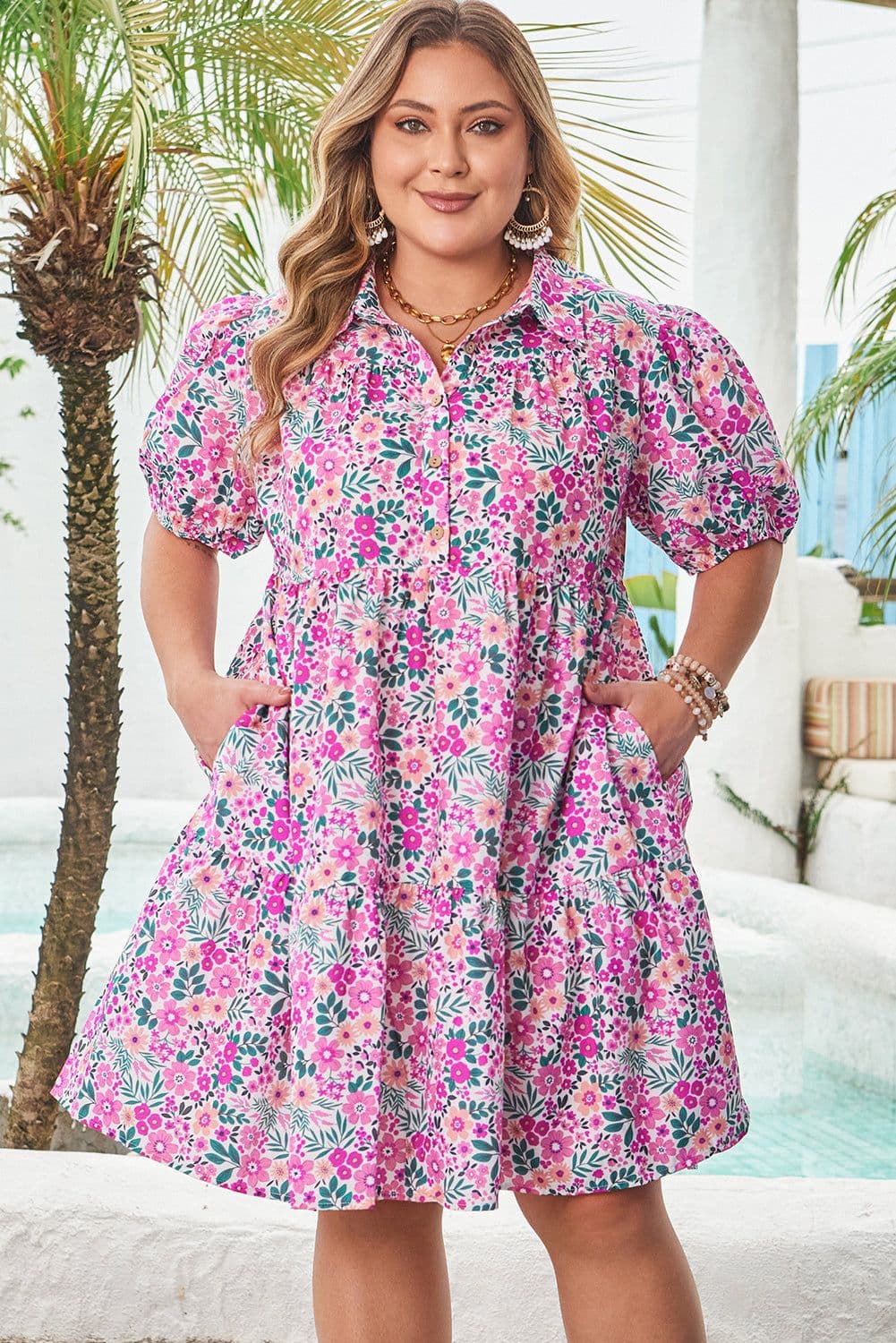 image-Pink Plus Size Floral Puff Sleeve A-Line Dress