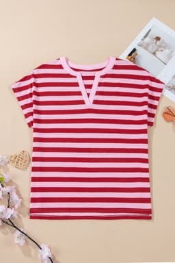 image-Pink Stripe Split V Neck T Shirt