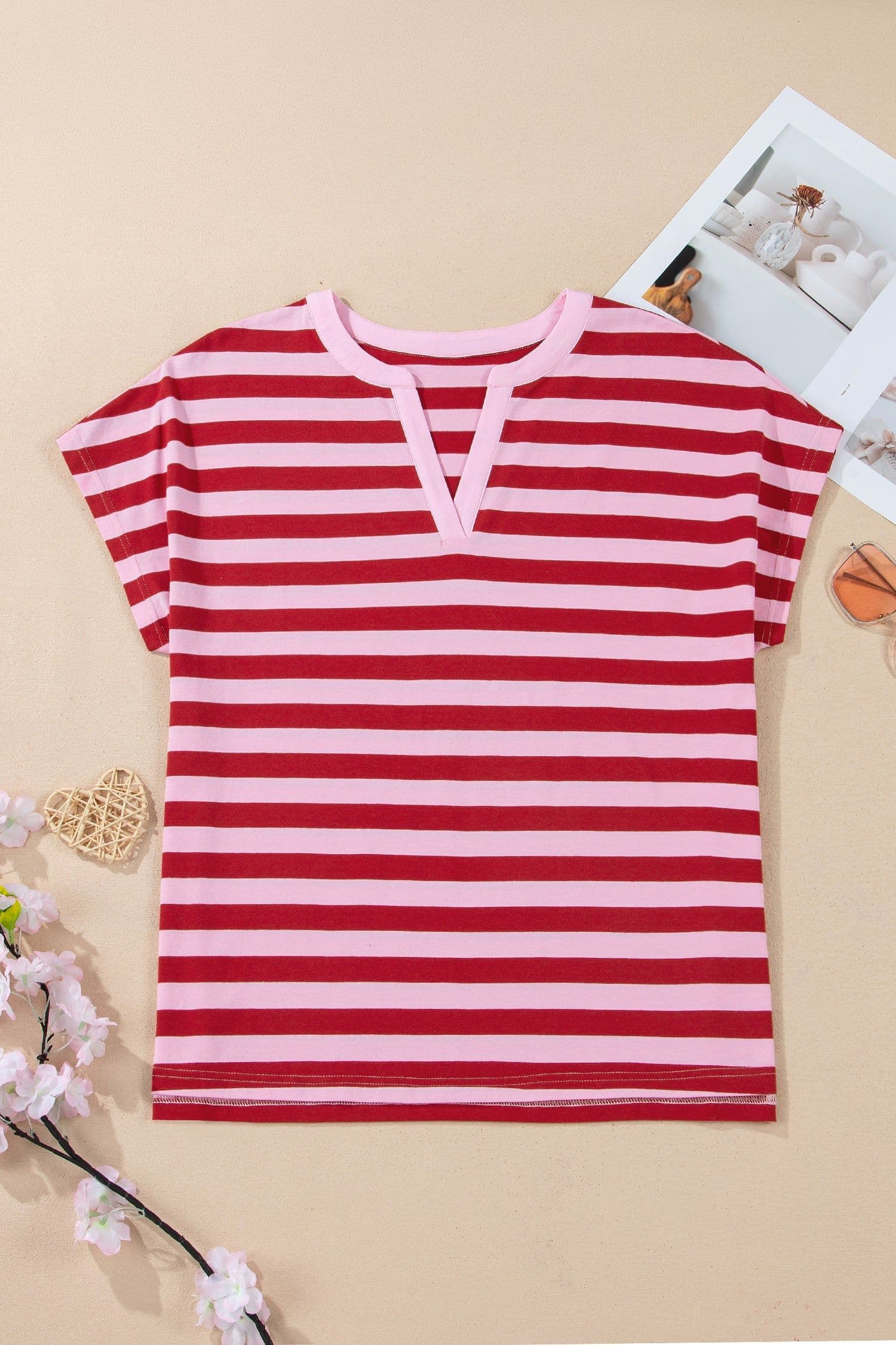 image-Pink Stripe Split V Neck T Shirt