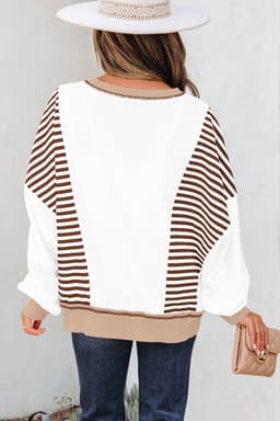 image-Brown Stripe Colorblock Patchwork Sweatshirt Oversized