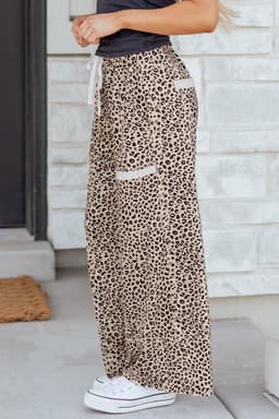 image-Khaki Animal Print Wide Leg Terry Knit Pants