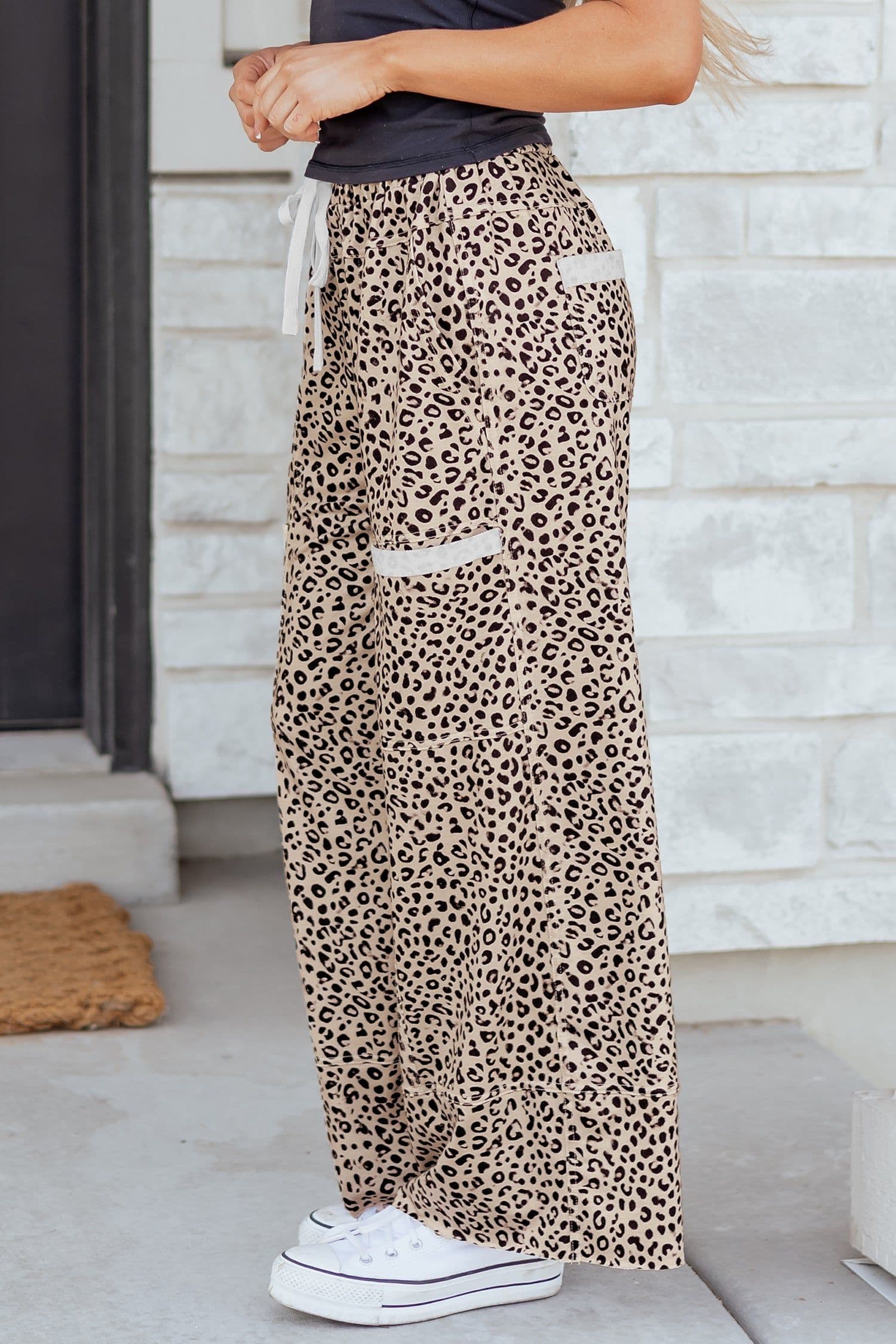image-Khaki Animal Print Wide Leg Terry Knit Pants