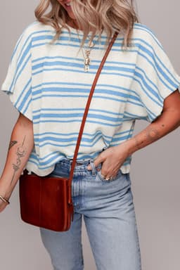 image-Sky Blue Stripe Boxy Fit Wide Sleeve Sweater