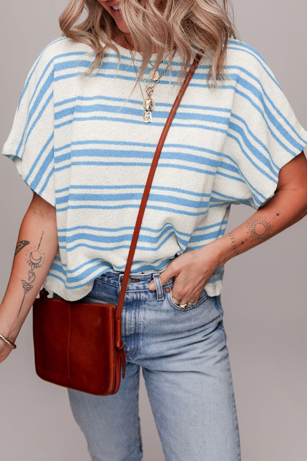 image-Sky Blue Stripe Boxy Fit Wide Sleeve Sweater