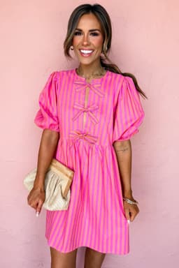 image-Rose Striped Print Bow Detail Short Puff Sleeve Mini Dress