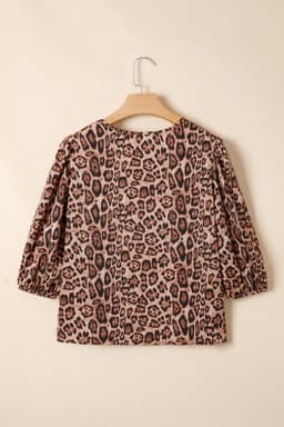 image-Brown Leopard Bow Tie Puff Sleeve Blouse