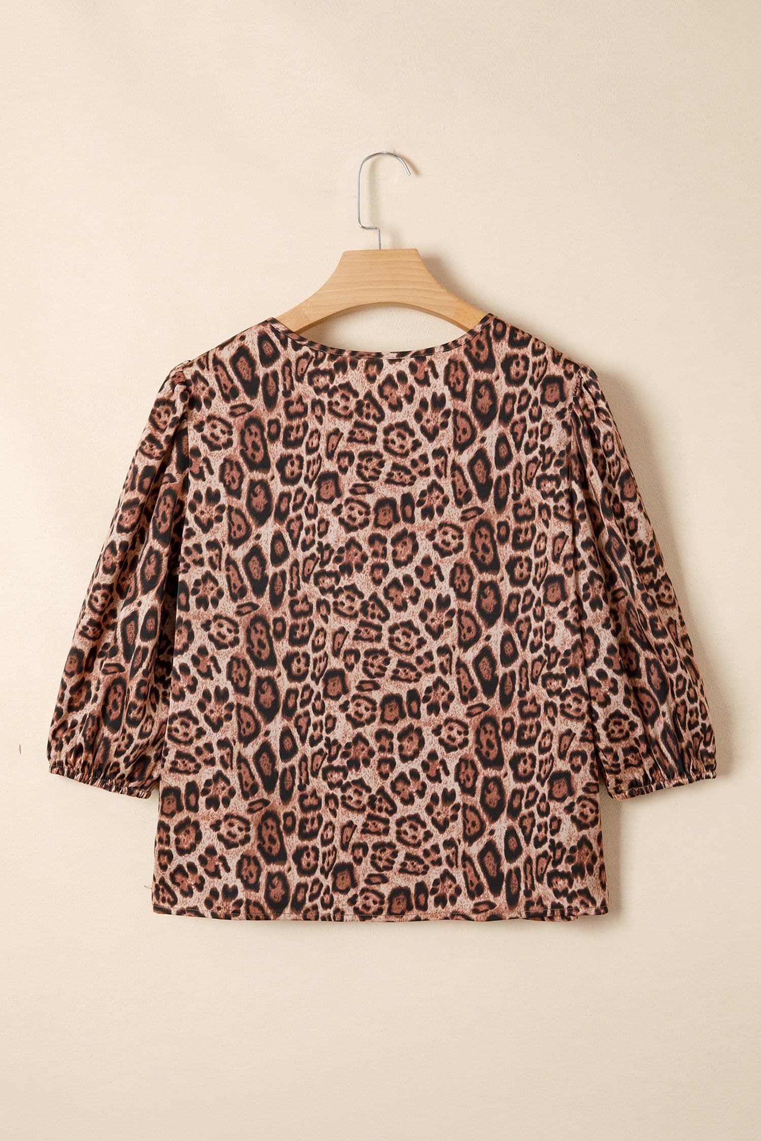 image-Brown Leopard Bow Tie Puff Sleeve Blouse