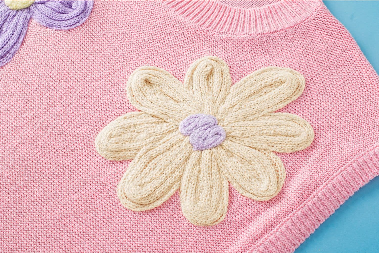 image-Crochet Flower Knit Sweater - White Short Sleeve