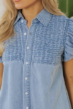 image-Beau Blue Denim Mini Dress with Flutter Sleeves and Shirred Detail