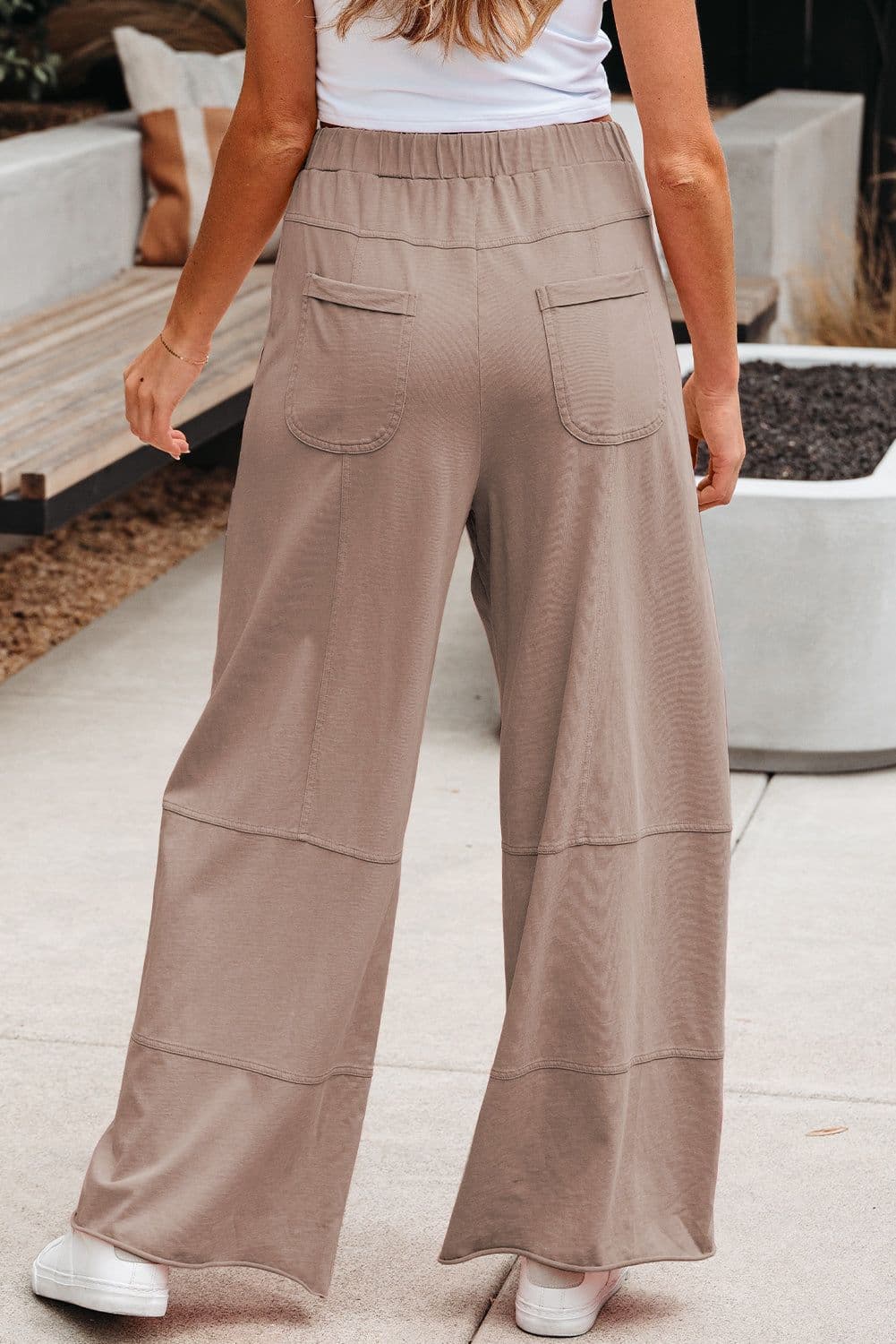 image-Smoke Gray Mineral Wash Exposed Seam Drawstring Elastic Waistband Wide Leg Cargo Pants