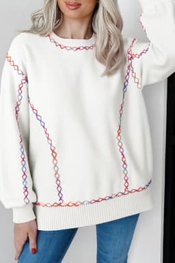 image-White Rainbow Stitching Balloon Sleeve Sweater