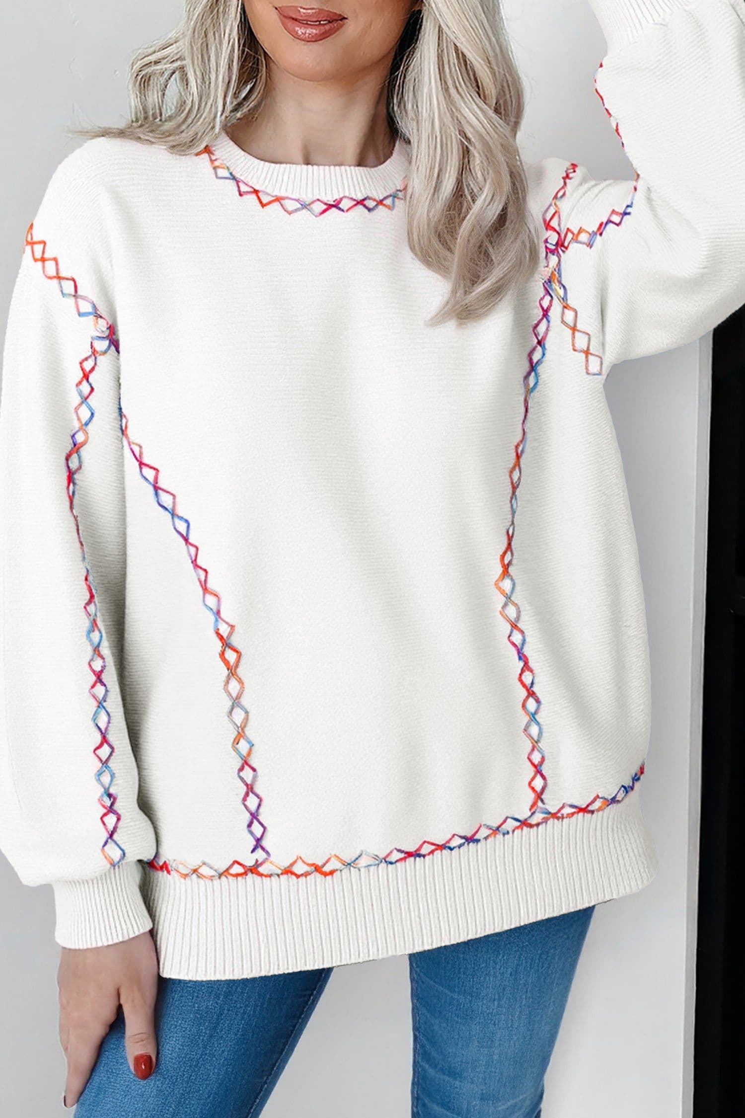 image-White Rainbow Stitching Balloon Sleeve Sweater