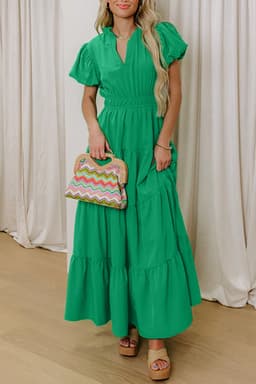 image-Bright Green V Neck Puff Sleeve High Waist Tiered Maxi