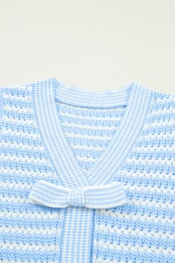 image-Sky Blue Stripe Knit V Neck Bow Sweater