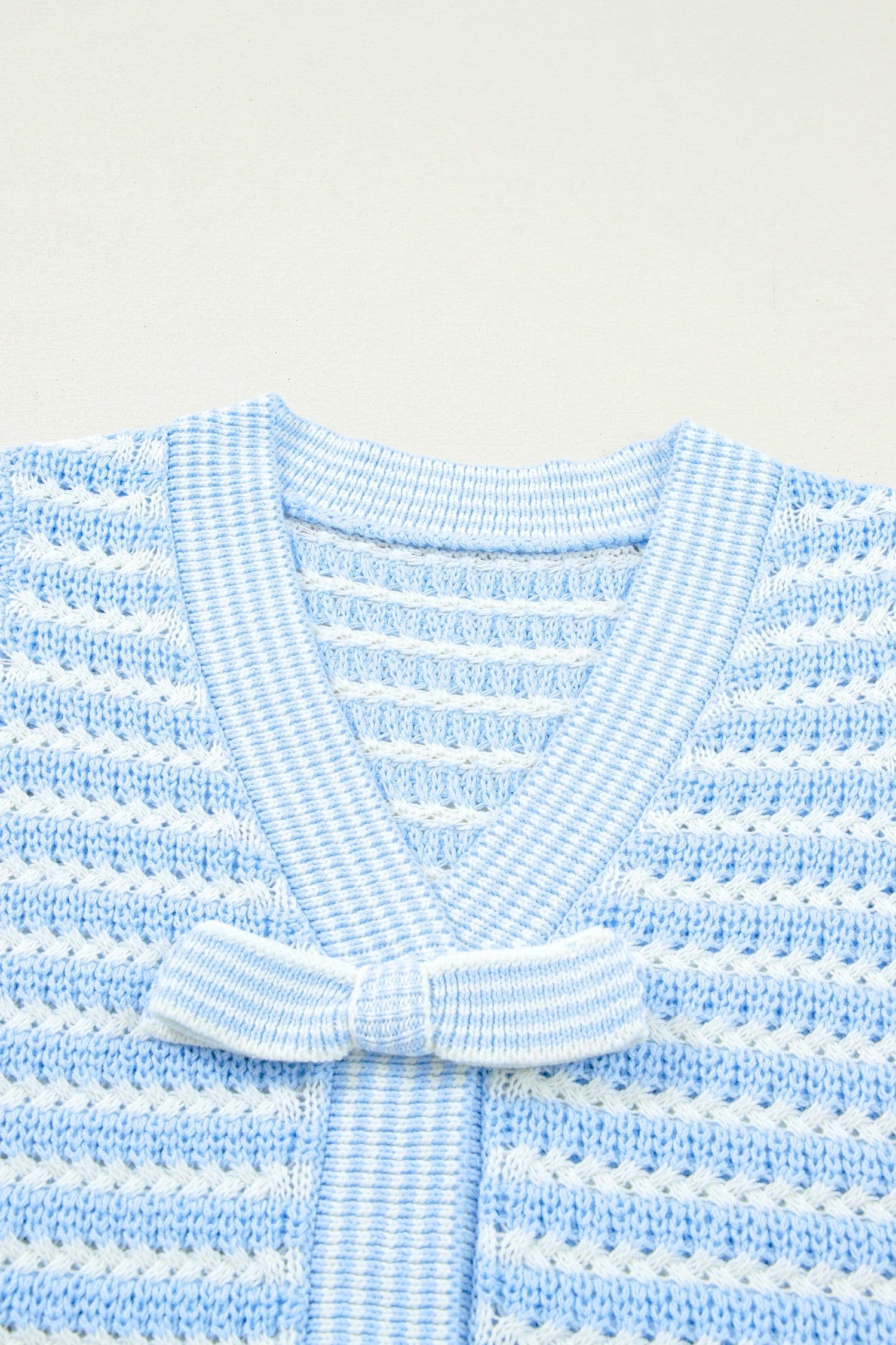 image-Sky Blue Stripe Knit V Neck Bow Sweater