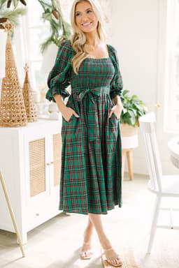 image-Green Tartan Plaid Square Neck Puff Sleeve Knot Waist Flared Midi Dress