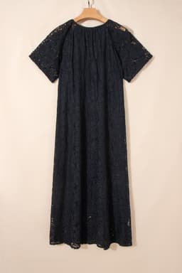 image-Black Floral Lace Overlay Tassel Tie Short Sleeve Beach Vacation Loose Maxi Dress