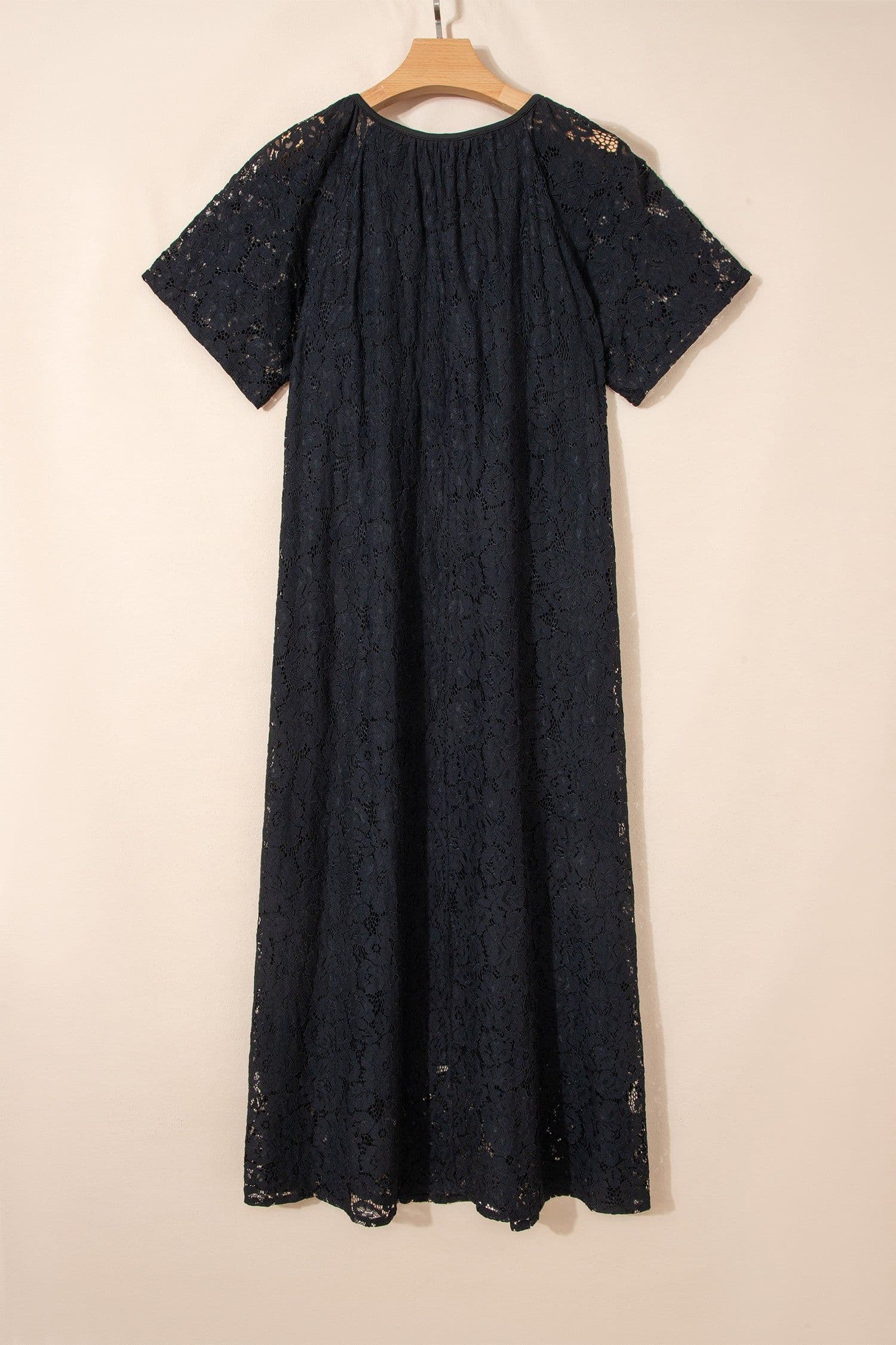 image-Black Floral Lace Overlay Tassel Tie Short Sleeve Beach Vacation Loose Maxi Dress