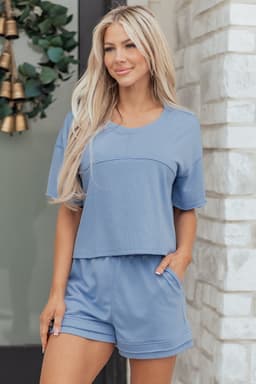 image-Jet Stream Solid Color Contrast Textured Patchwork Raw Edge 2pcs Short Set