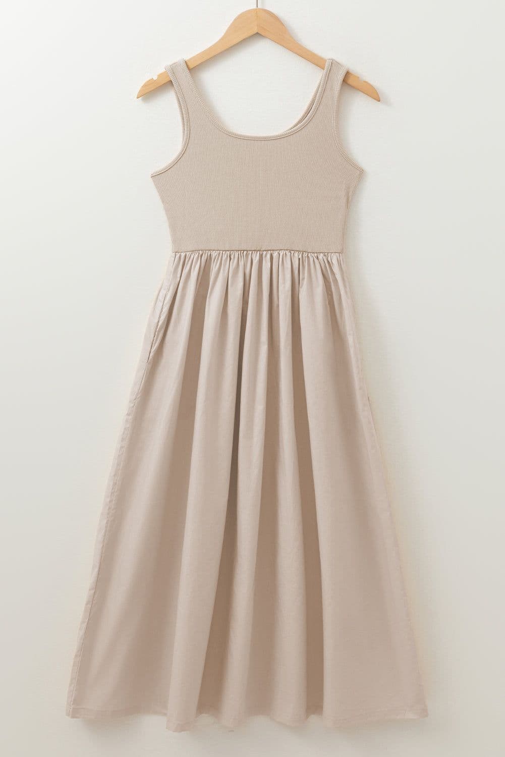 image-Beige Scoop Neck Ribbed Bodice Pleated Sleeveless Long Dress