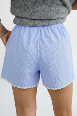 image-Sky Blue Gingham Boxer Shorts Lace Trim