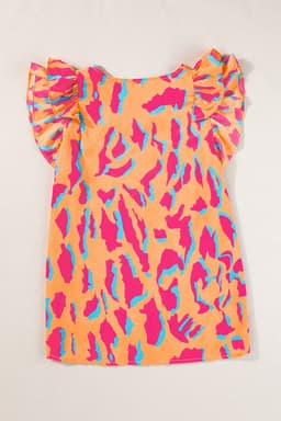 image-Abstract Print V-Neck Blouse - Orange Ruffled Sleeves