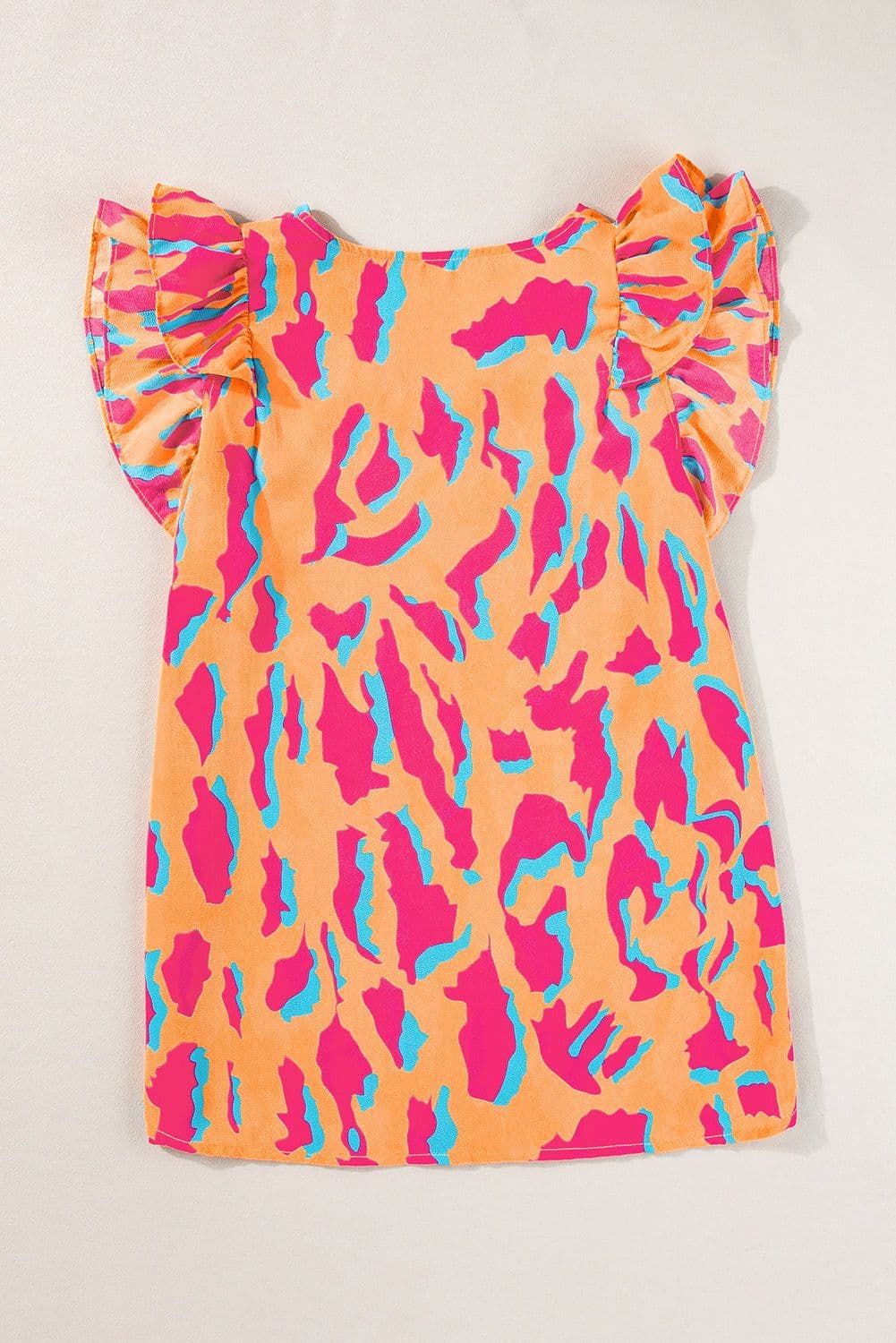image-Abstract Print V-Neck Blouse - Orange Ruffled Sleeves