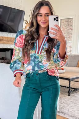 image-Sky Blue Floral Blouse V Neck Cuffed Sleeves
