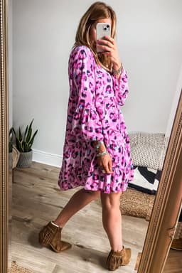 image-Leopard Print Dress - Buttoned Front 3/4 Sleeves, Tiered Ruffled Hem, Black (65 characters)