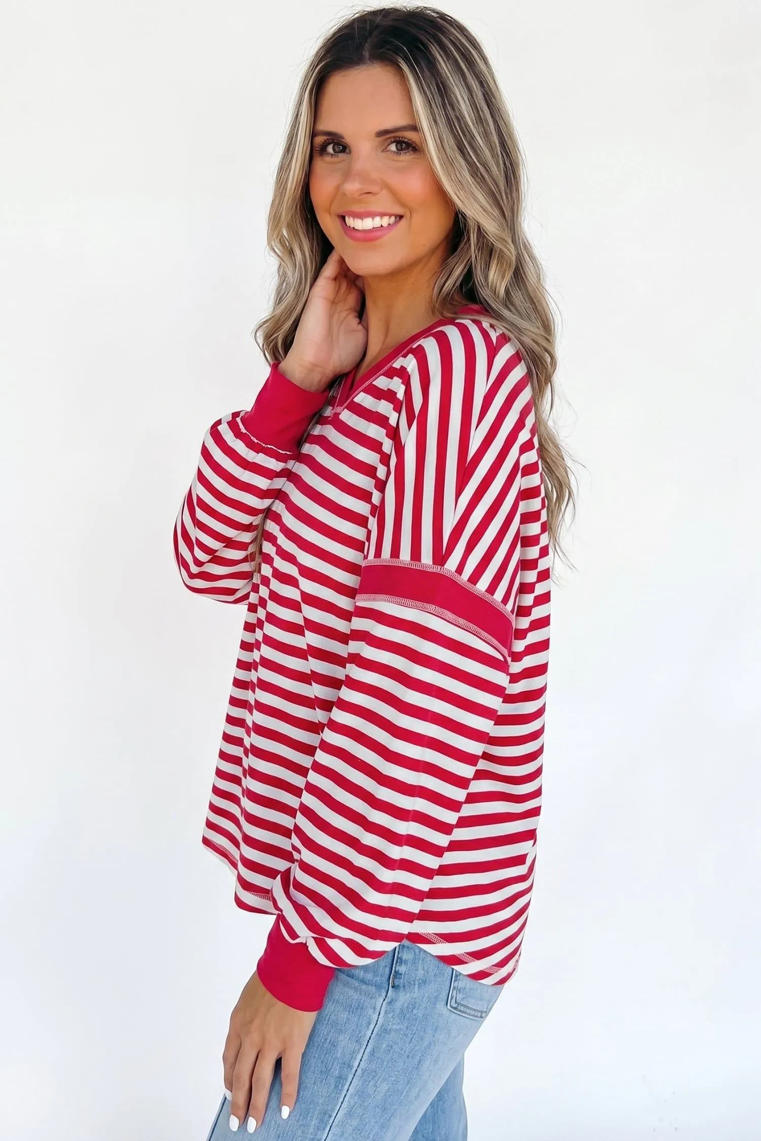 image-Red Stripe V Neck Balloon Sleeve Pullover