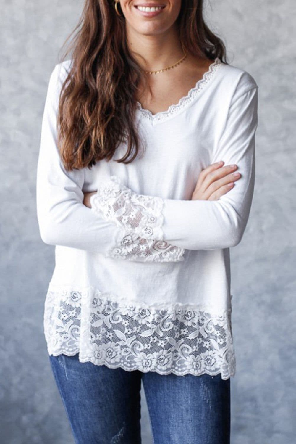 image-White Lace Trim V Neck Long Sleeve Top