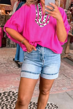 image-Black Dolman Half Sleeve Leopard Patchwork V Neck Blouse