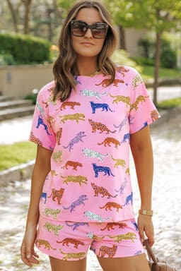 image-Pink Flower Print Short Sleeve High Waist Two Piece Shorts Set