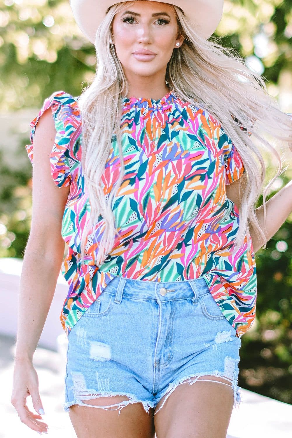 image-Rose Red Floral Print Blouse - Ruffled Flutter Sleeve, Chic Floral