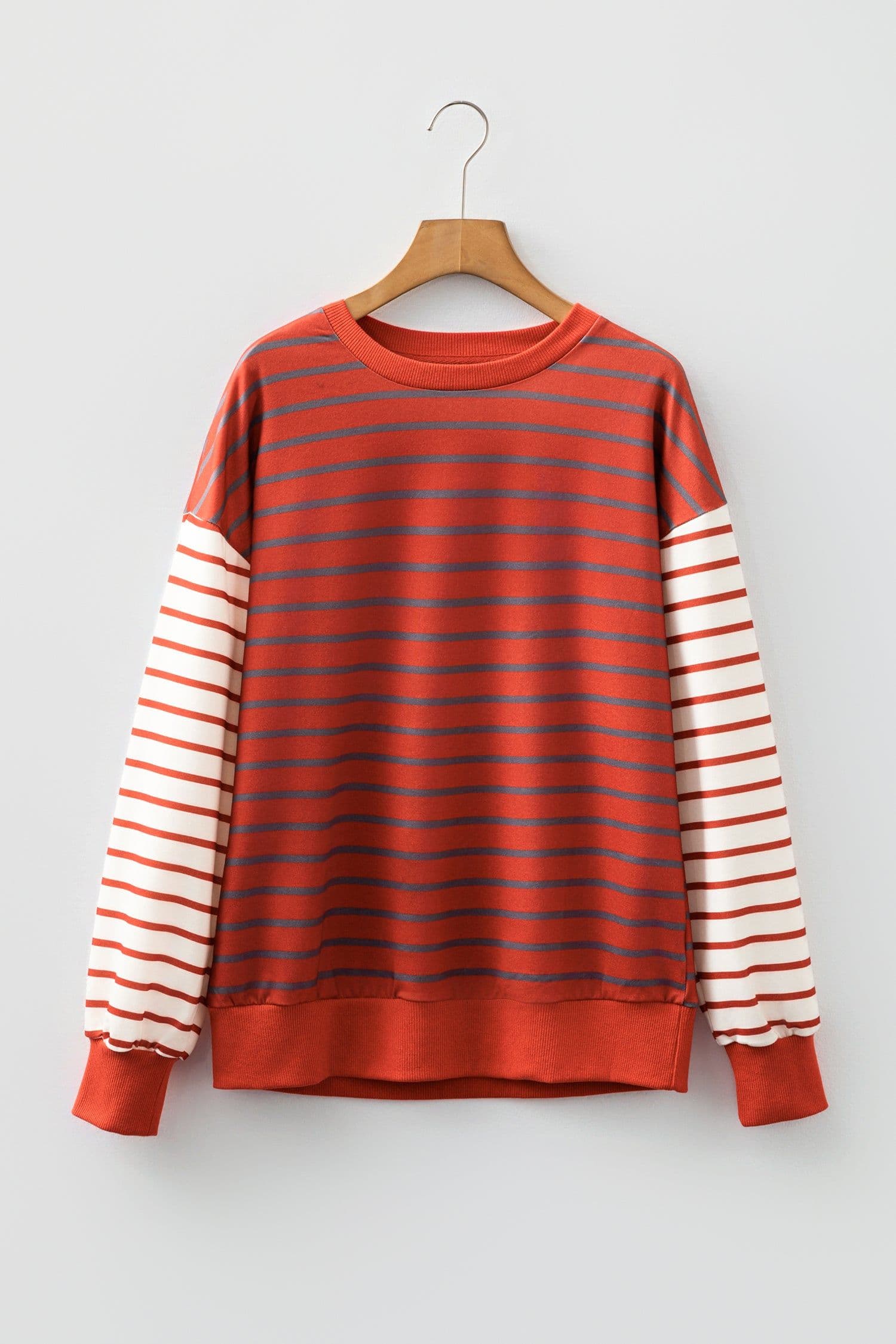 image-Orange Stripe Contrast Sleeve Patchwork Sweatshirt