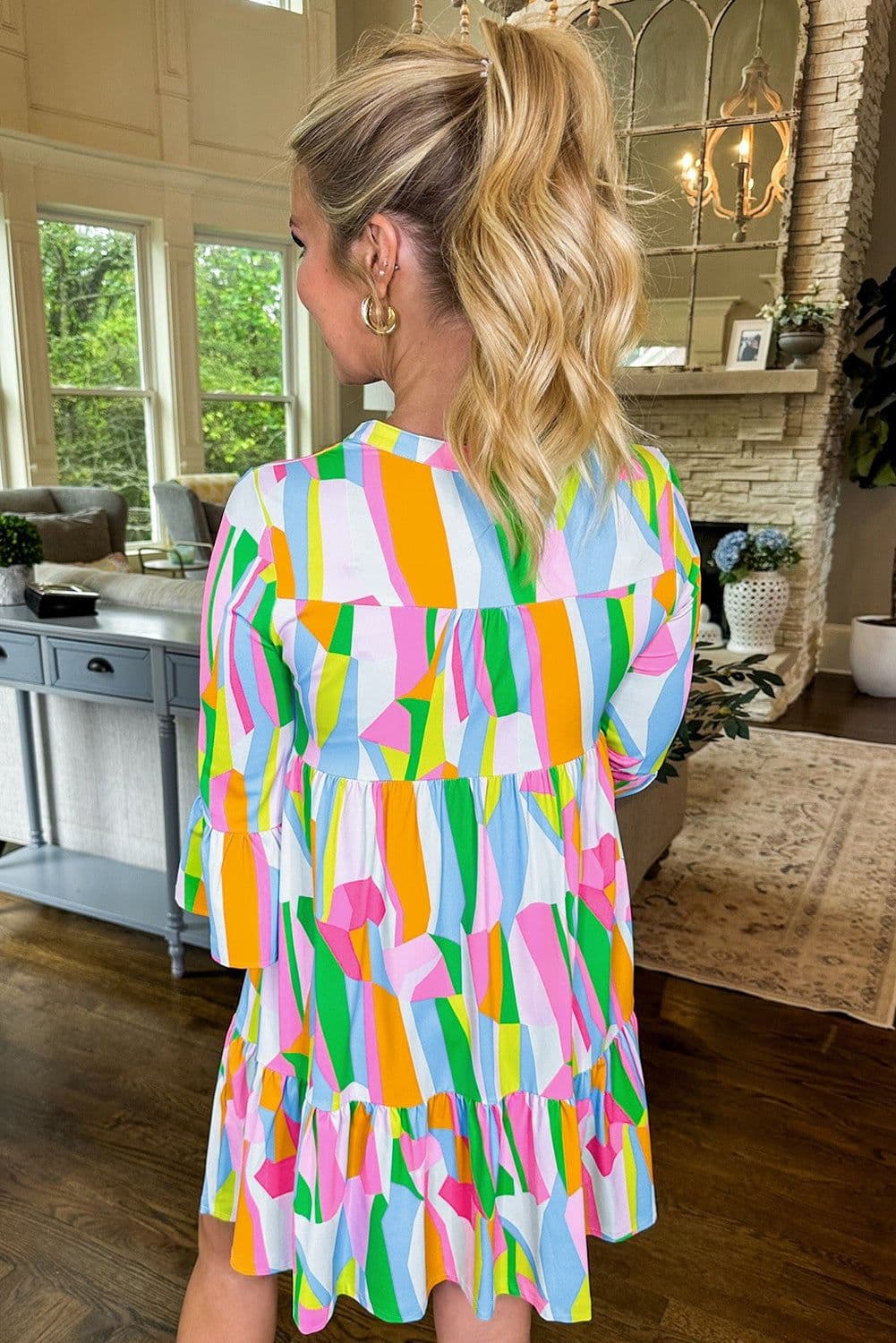 image-Green Abstract Print Ruffled Sleeve V Neck Dress