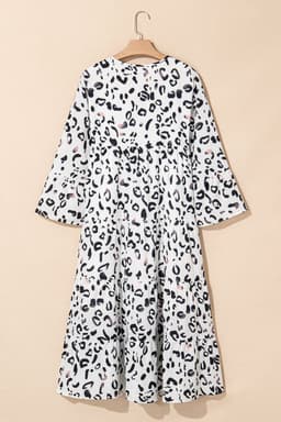 image-White Leopard Print Maxi Dress V-Neck Loose Fit Elegant Tiered Design