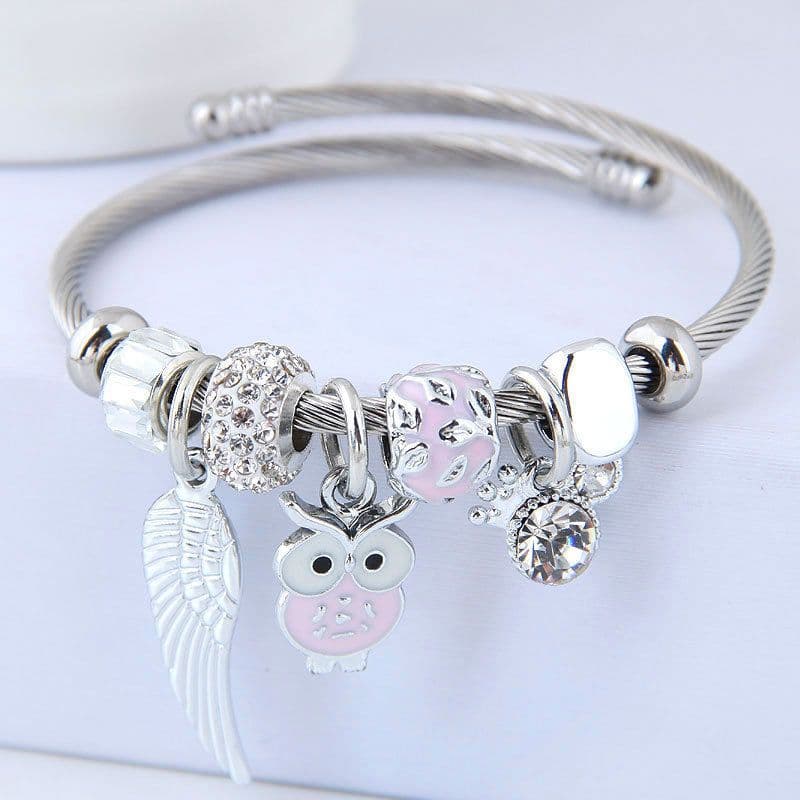 image-DIY Beaded Owl Angel Wings Pendant Stainless Steel Bracelet