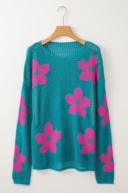 image-Sea Green Big Flower Hollowed Knit Drop Shoulder Sweater