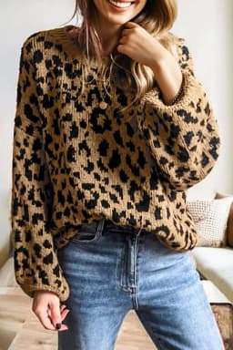 image-Light French Beige Leopard Drop Shoulder Sweater