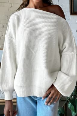image-White Asymmetric Neck Drop Shoulder Baggy Sweater