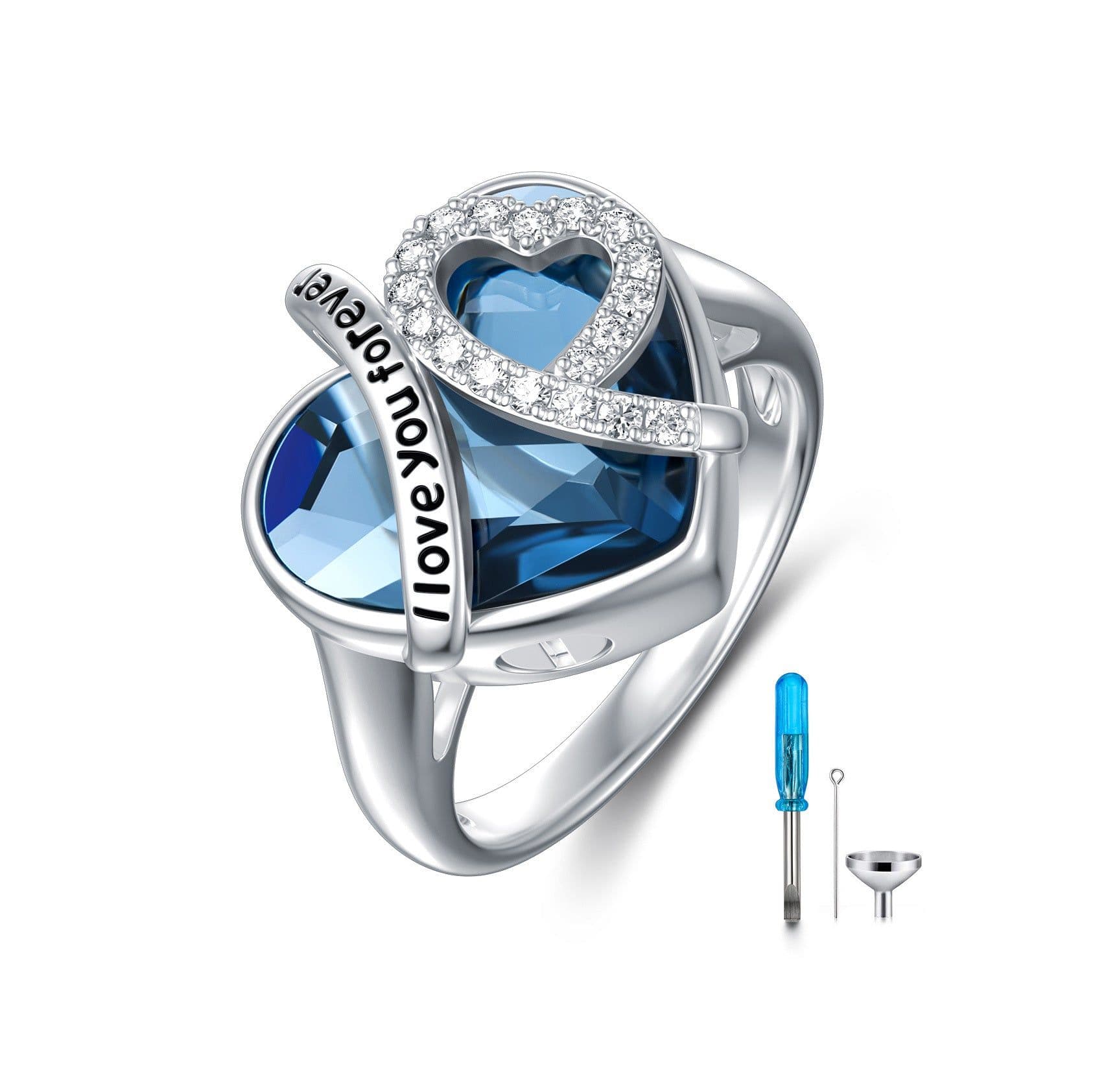 image-Heart Cremation Urn Ring with Crystal from Austria in White Gold Plated Sterling Silver